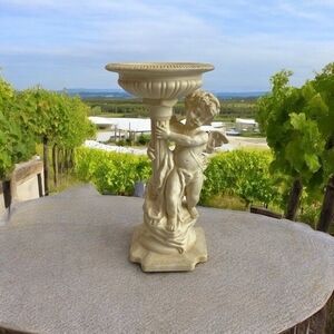 Angel Cherub Concrete Statue 11x7x5.5" Candle Holder Bird Feeder Water Bowl VG